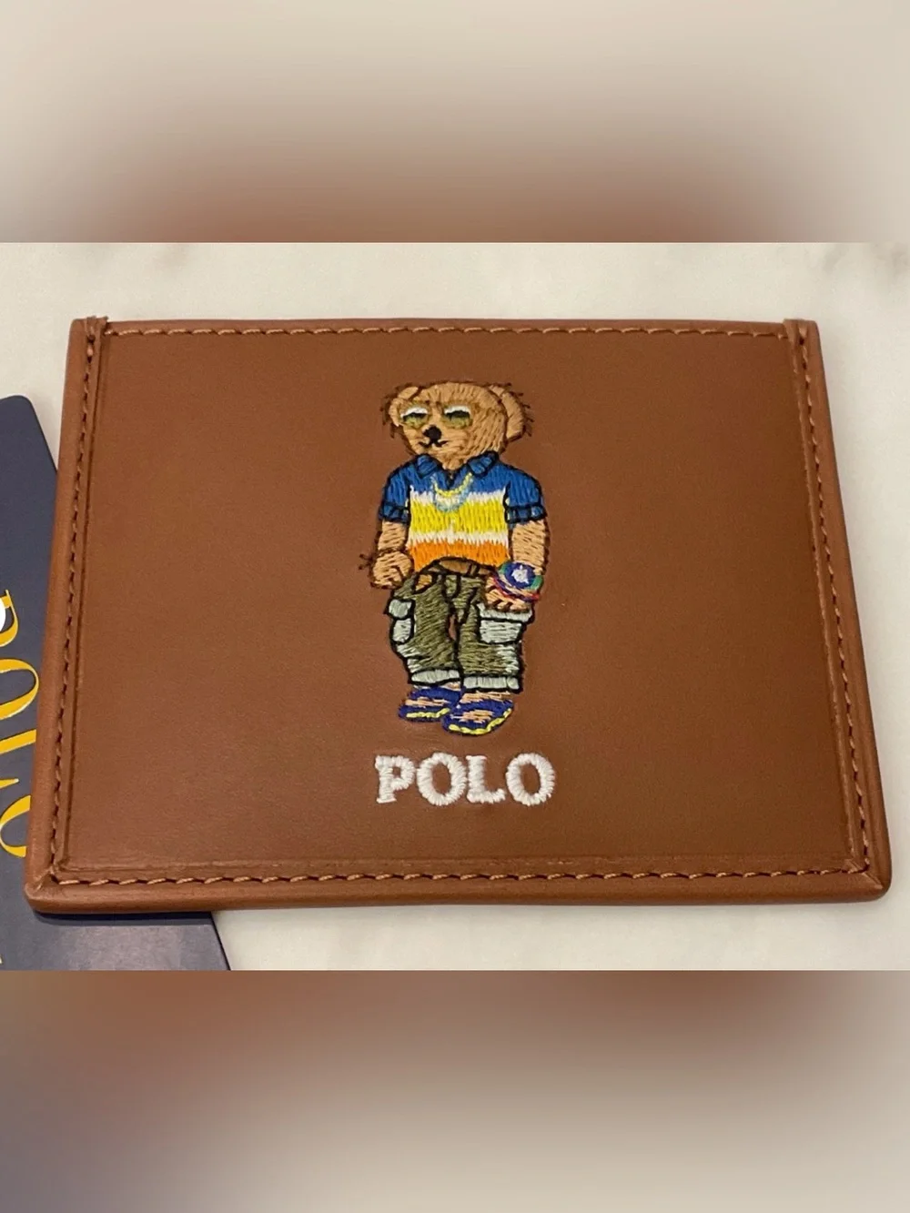 NEW Polo Ralph Lauren BEACH SHOP BEAR Leather Slim Card Case Wallet - TAN